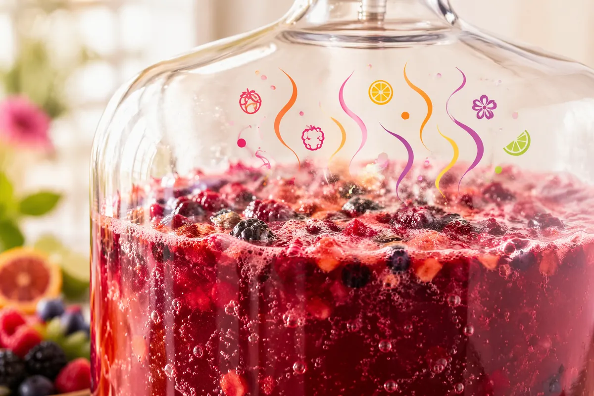 Red berry must fermenting in a large glass fermenter, a tannin-rich fruit wine substrate