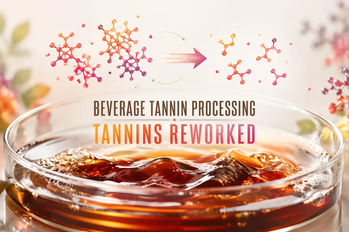 Amber tannin-rich beverage base in a glass process dish, with a diagram of large tannin molecules being split into smaller phenolic units